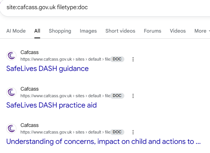 Google search showing filetype search operators
